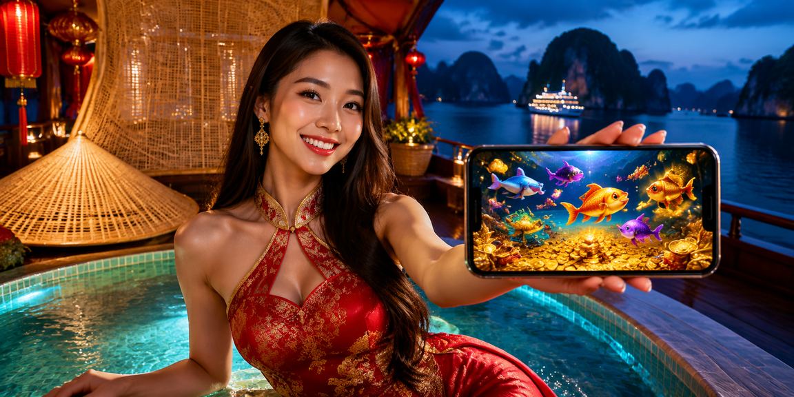 Người đội nón lá tại Hạ Long xem app casino 858 với cảnh vịnh biển phía sau