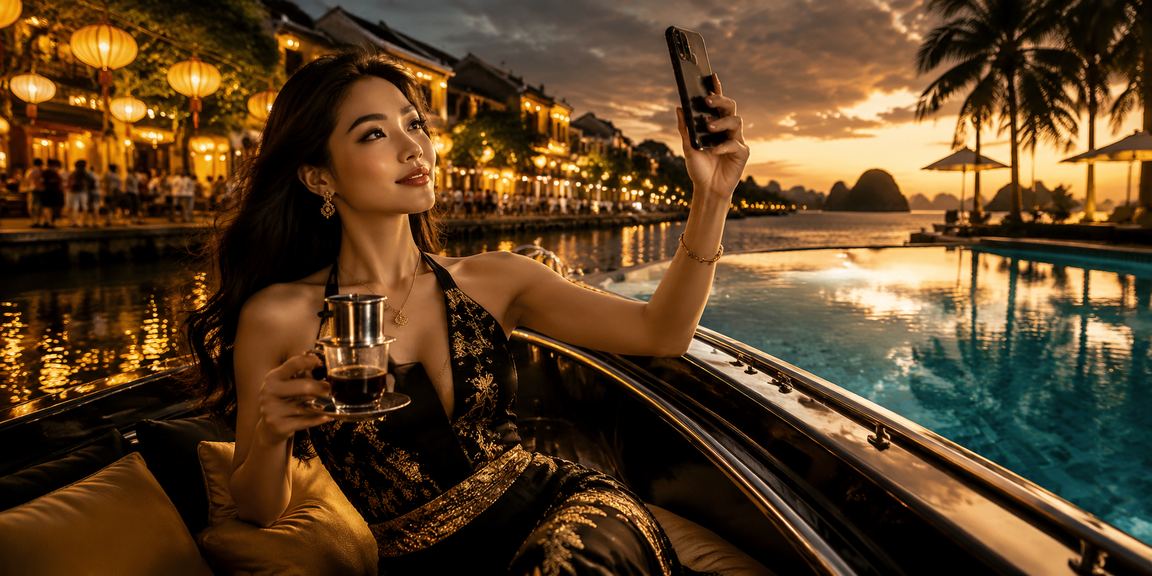 Người dùng Hội An nhâm nhi cà phê sáng và xem khuyến mãi xổ số trên điện thoại